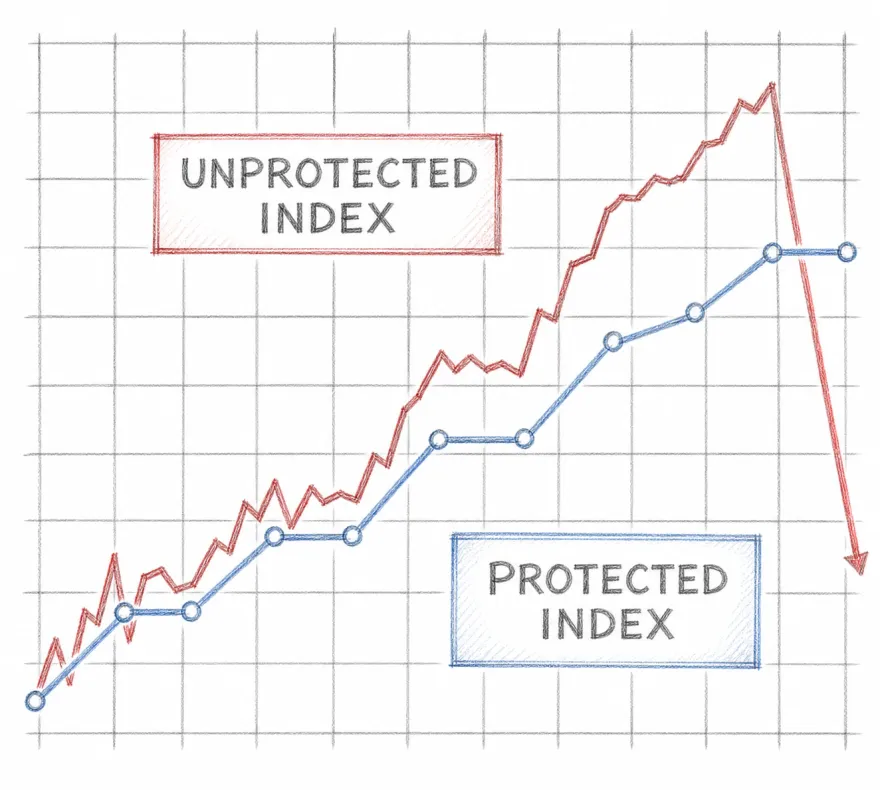 Two lines across a graph-paper chart. The unprotected index climbs in sharp zigzags and then falls off a cliff at the end, finishing below where it peaked. The protected index rises in steps, never falls, and holds its last step flat through the crash.